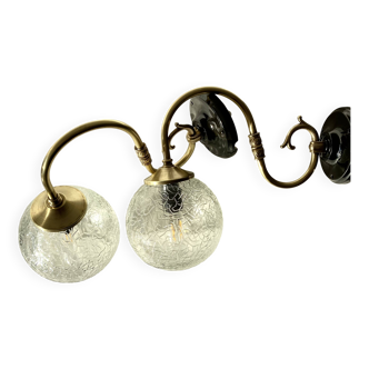 Large pair of brass swan neck wall lights with cracked glass globes LAMP-7359