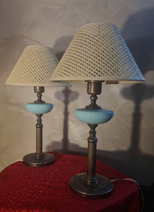 paire de lampes de chevet acier patiné opaline bleu abat-jour osier 45x25 e