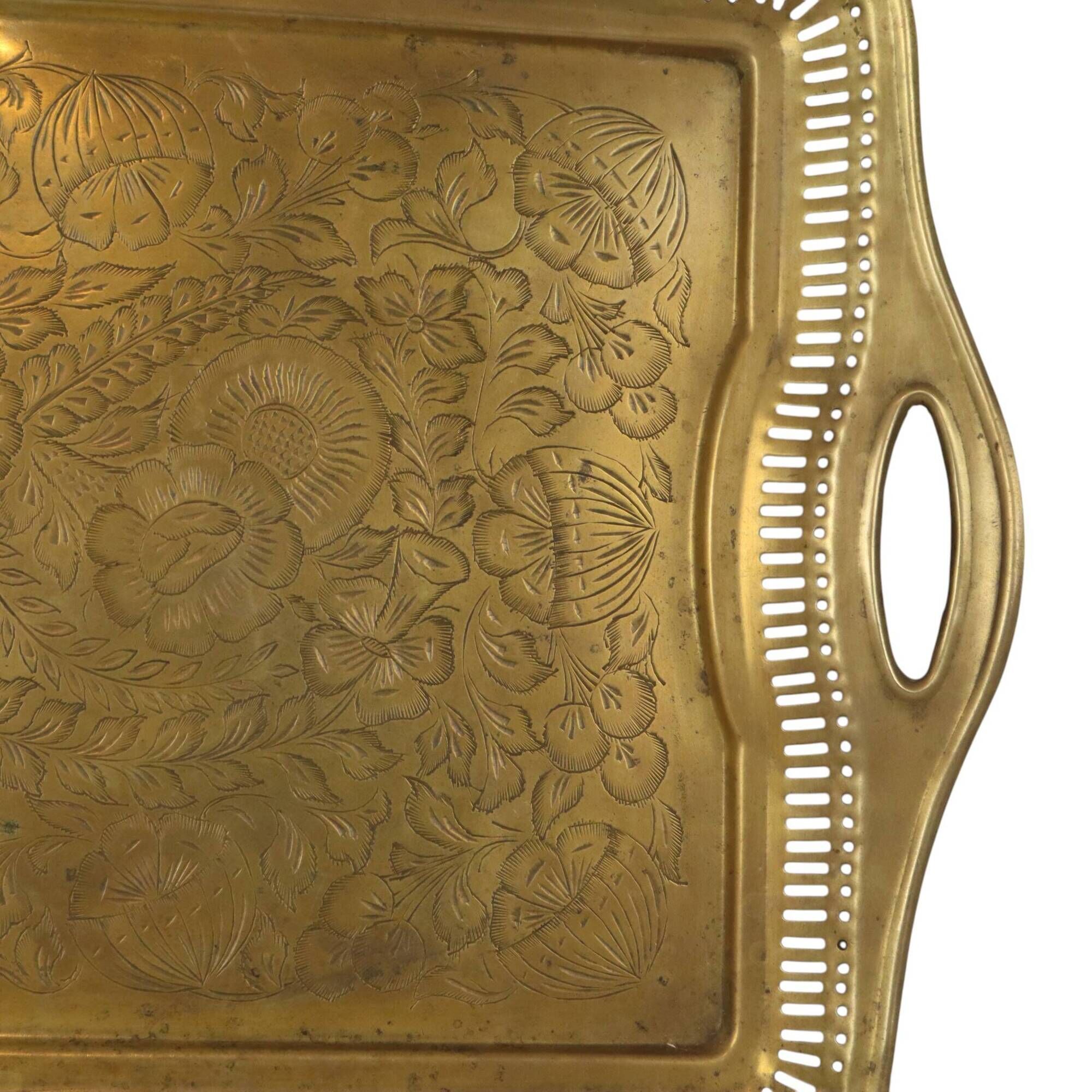 Vintage Oriental Brass Tray with Floral Decoration, 50 cm
