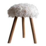 Danish mid-century tripod stool in beech, reupholstered in lambswool, 1960s.