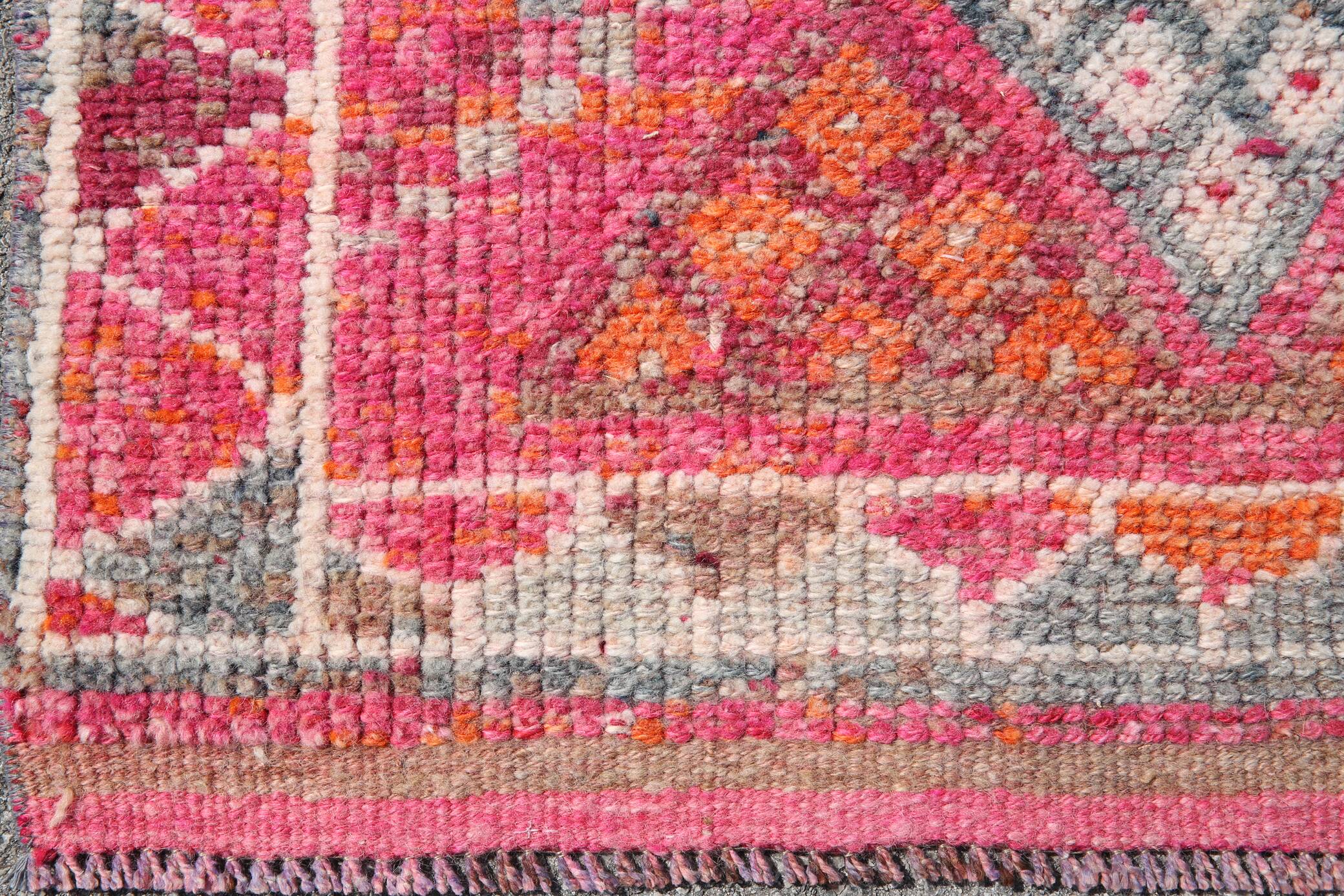 Hot Pink Turkish Runner Rug, Vintage Boho Hallway Carpet, 83x353 Cm