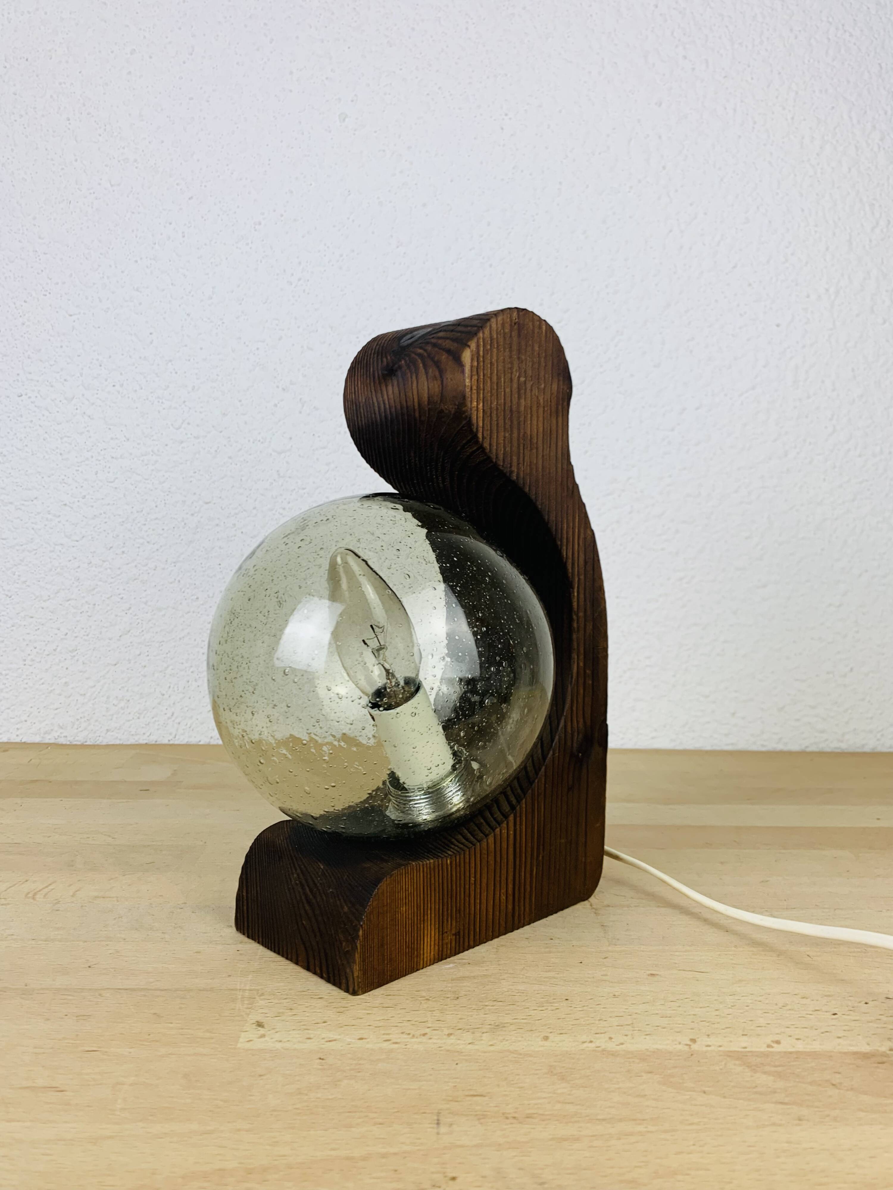 Brutalist lamp Temde Leuchten 1970s pine and glass globe