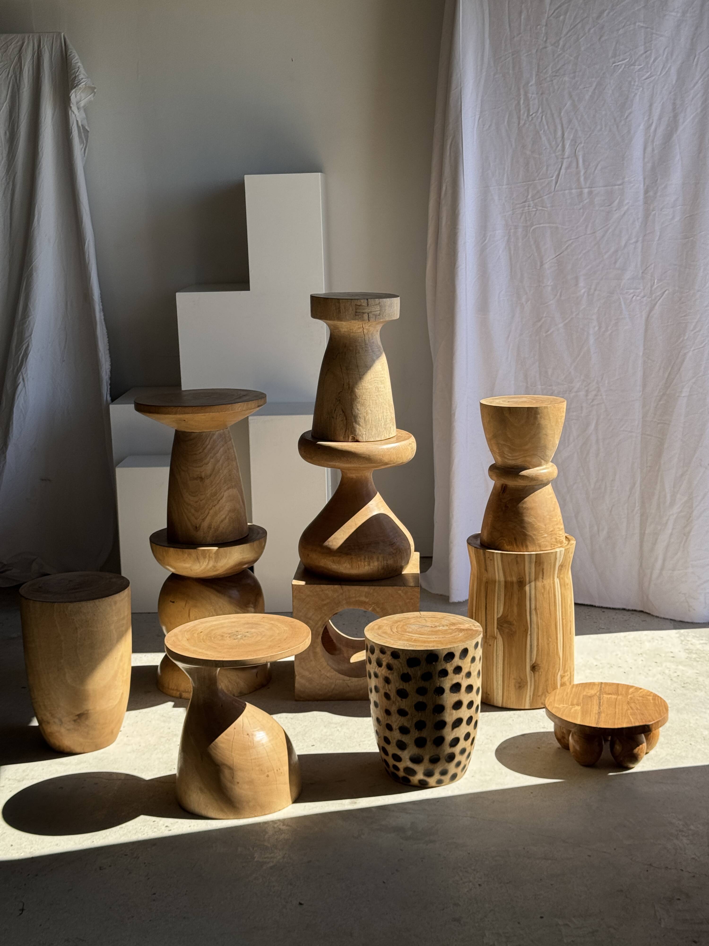 Stool, side table, cylindrical solid mango wood end table.