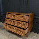 Light oak and rattan chest of drawers with compass feet, three drawers, 1960