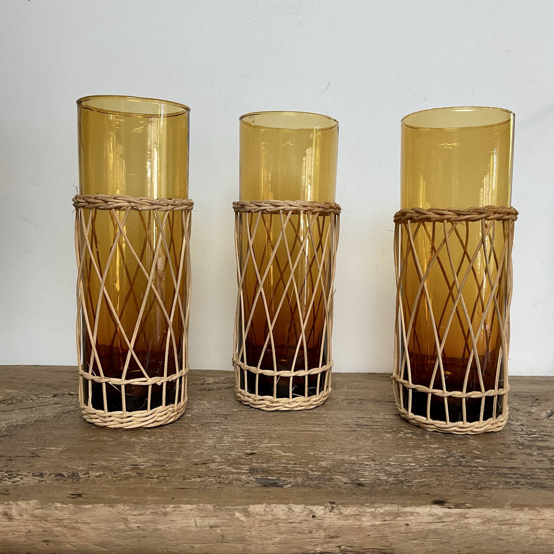 6 amber long drink glasses with wicker
