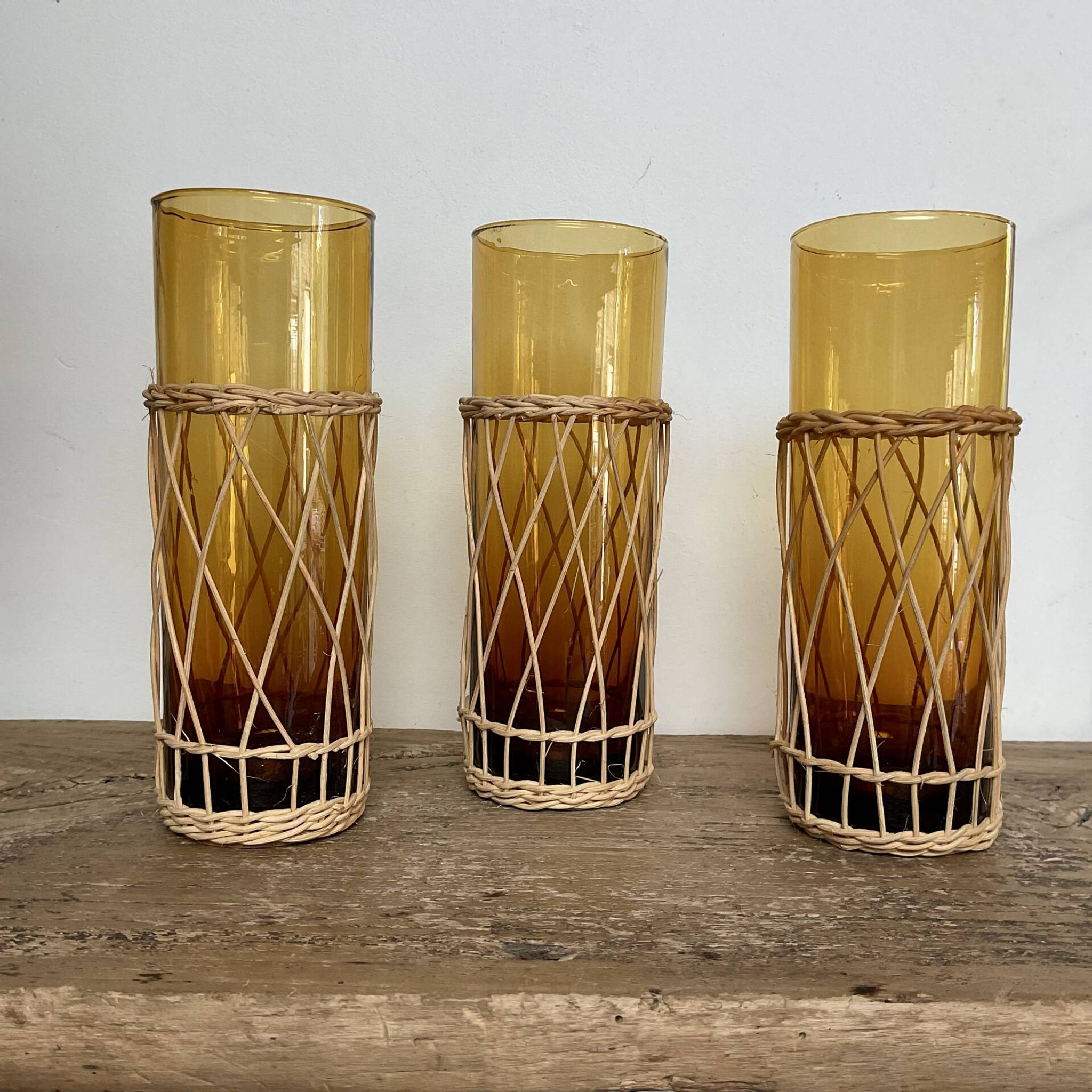 6 verres long drink ambrés et osier