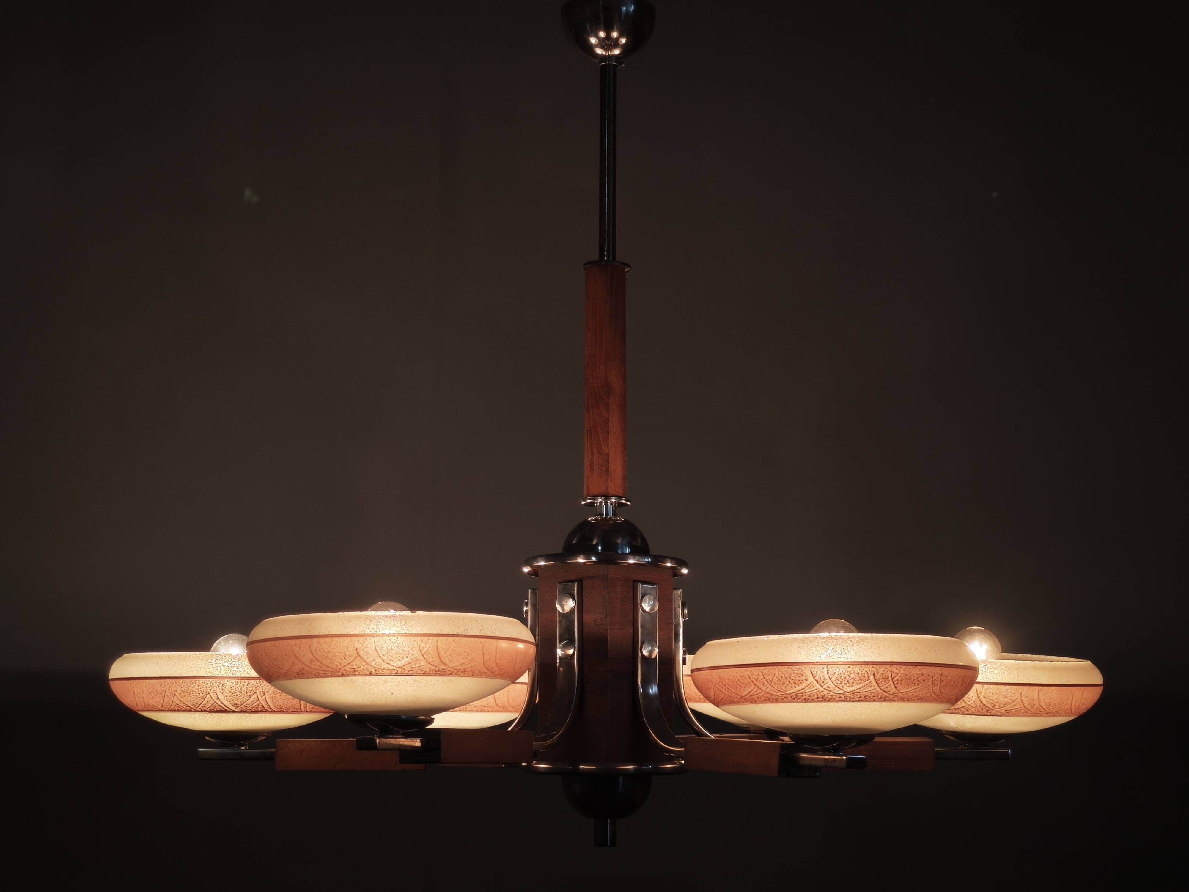 Large Art Deco Chrome, Wood and Glass Six-Light Chandelier, 1930s