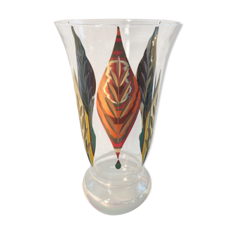 Vase ancien fains verrerie de boom décor feuillages ciselé doré belgique vintage