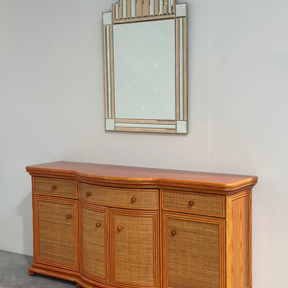 Vintage rattan & wood orange curved sideboard, 1980s