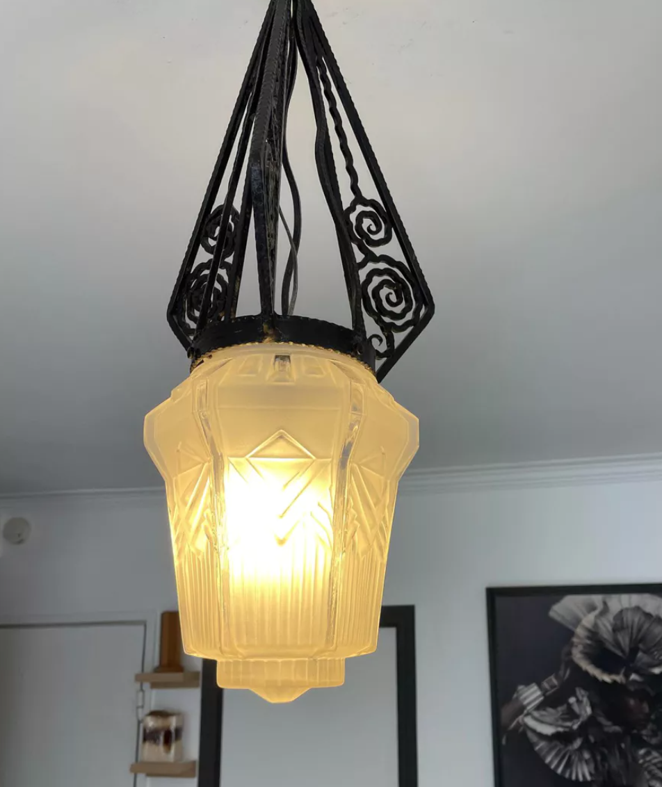 Hanging lamp in wrought iron and pressed molded glass, art nouveau