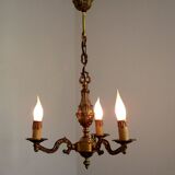French vintage mid century cast bronze 3 light chandelier wooden drips 4324