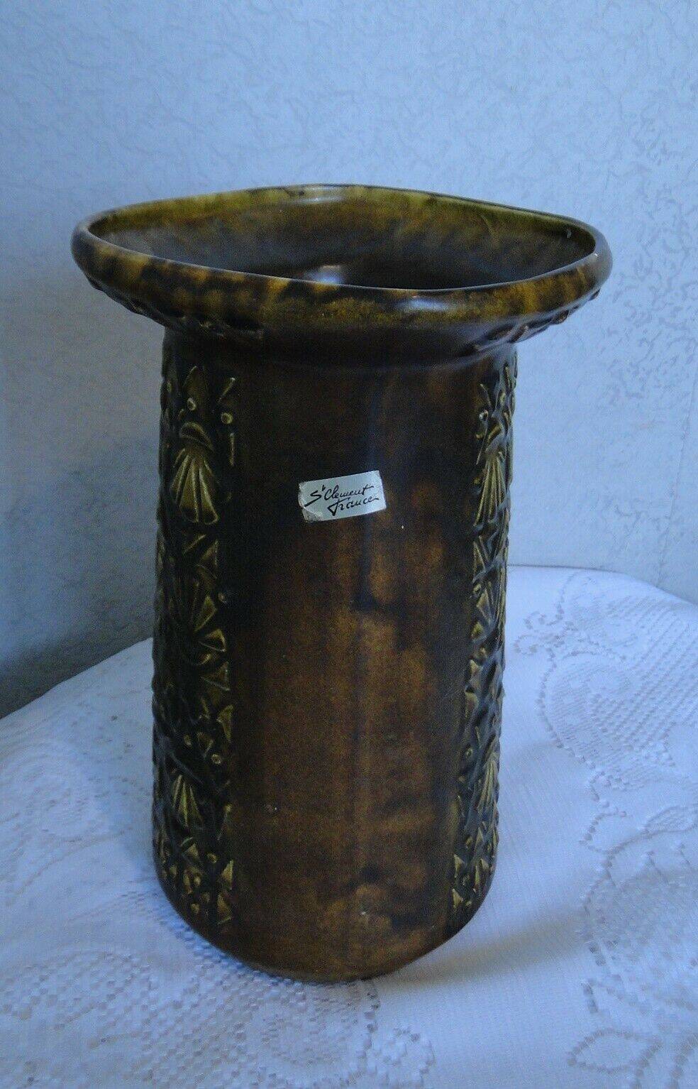 Old large vase st clement france ethnic relief decor n° 9128 60s rare