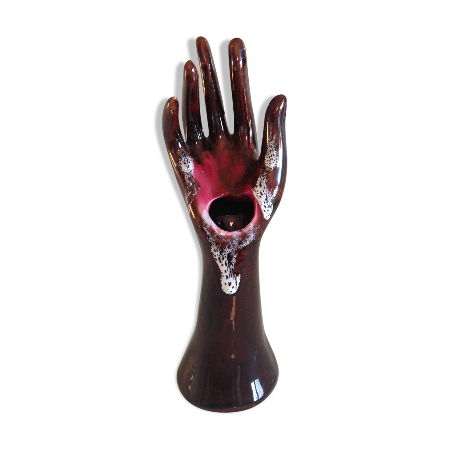 Hand baguier soliflore in brown ceramic, vintage 60/70s