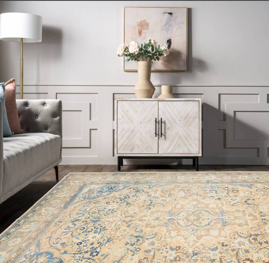 Tapis Persan Ancien Grand Format – Laine Nouée Main, Tons Beige & Bleu