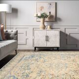 Tapis Persan Ancien Grand Format – Laine Nouée Main, Tons Beige & Bleu