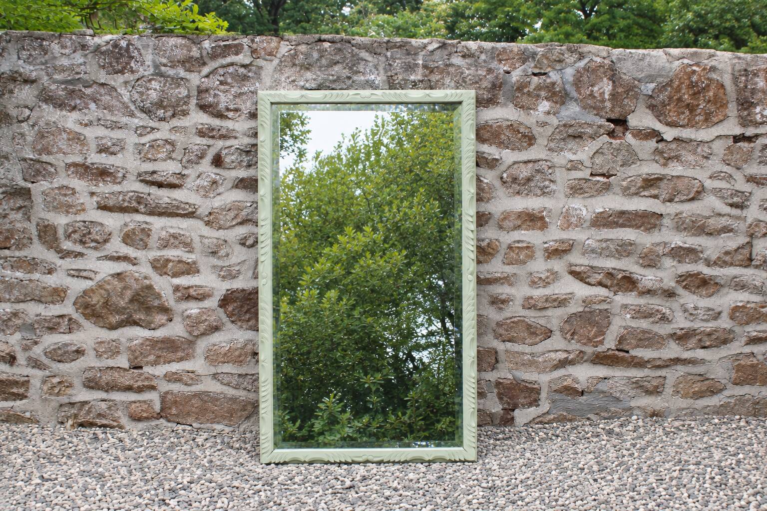 Large antique bevelled mirror in carved solid wood, green lizard – 129 × 75