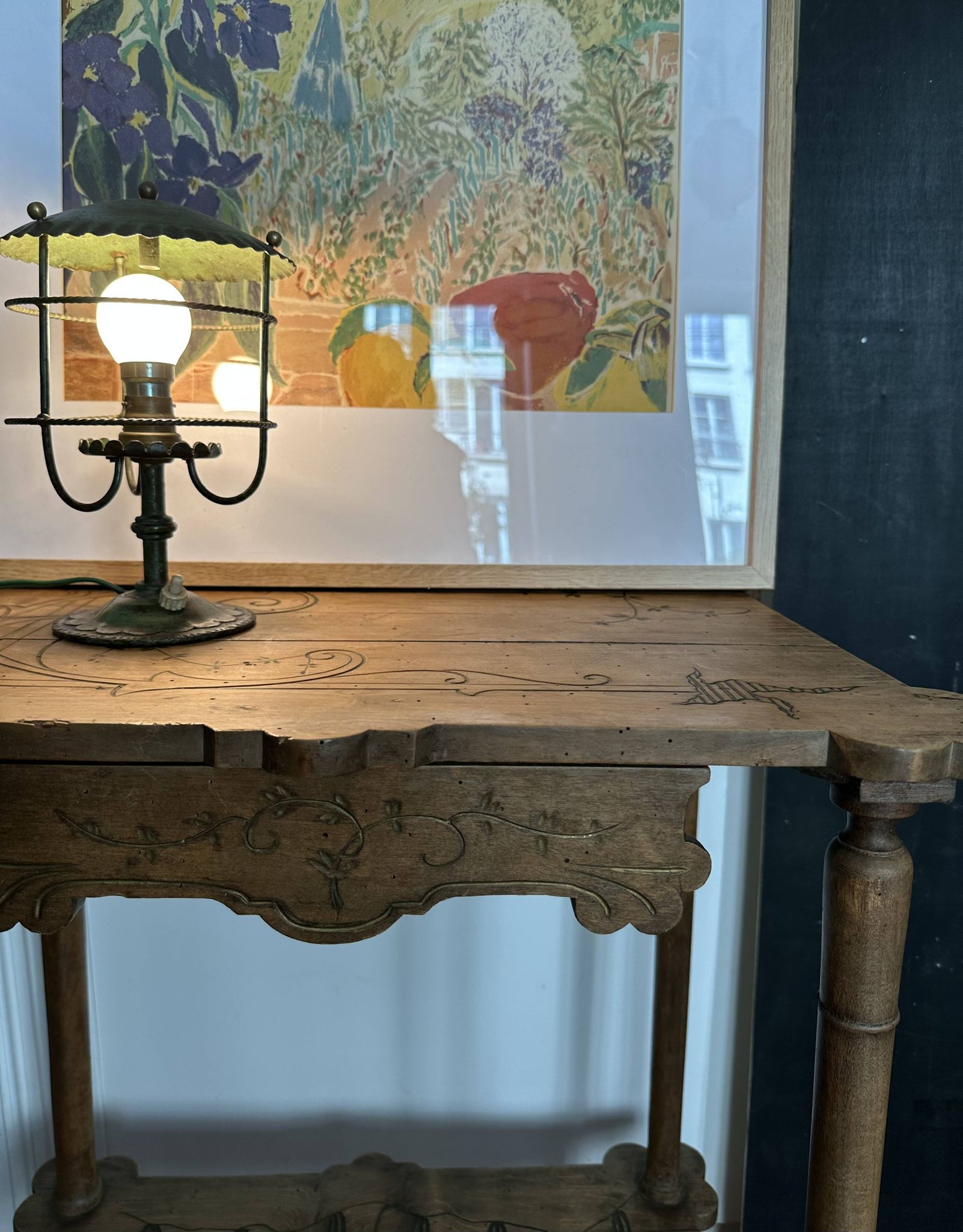 Antique patinated green metal lamp, Art Nouveau style, early 20th century.
