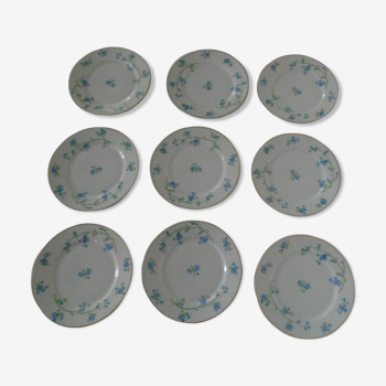 Set de 9 assiettes dessert porcelaine de Limoges décor de petites fleurs bleues