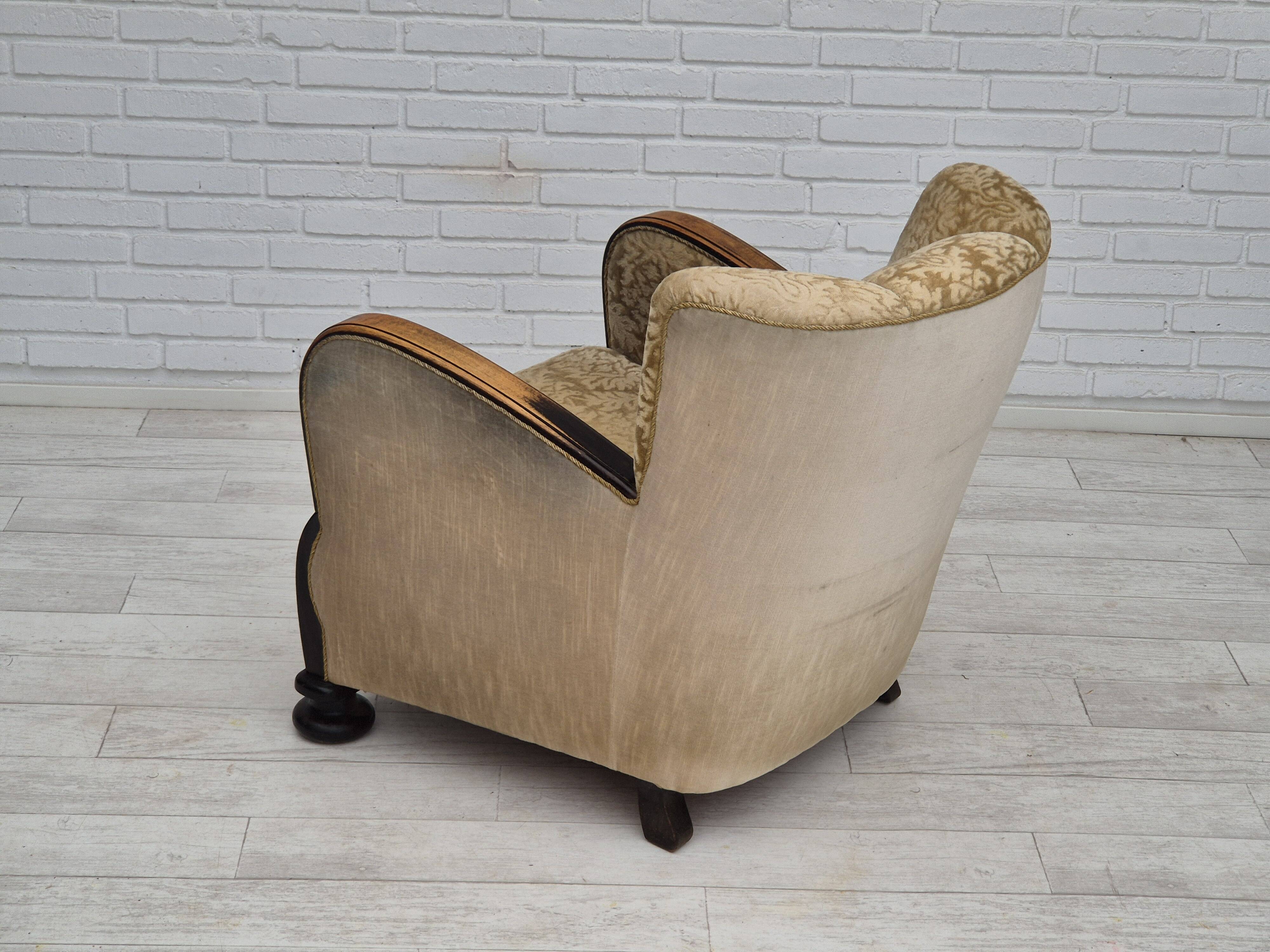 1950s, Danish vintage relax armchair, furniture velour, ash wood.