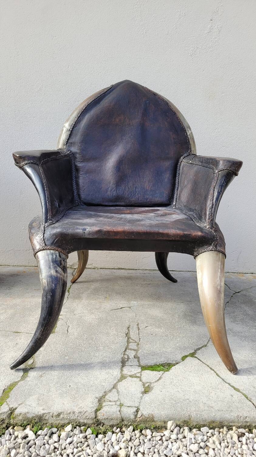 Fauteuil en corne et cuir ancien - 1950s
