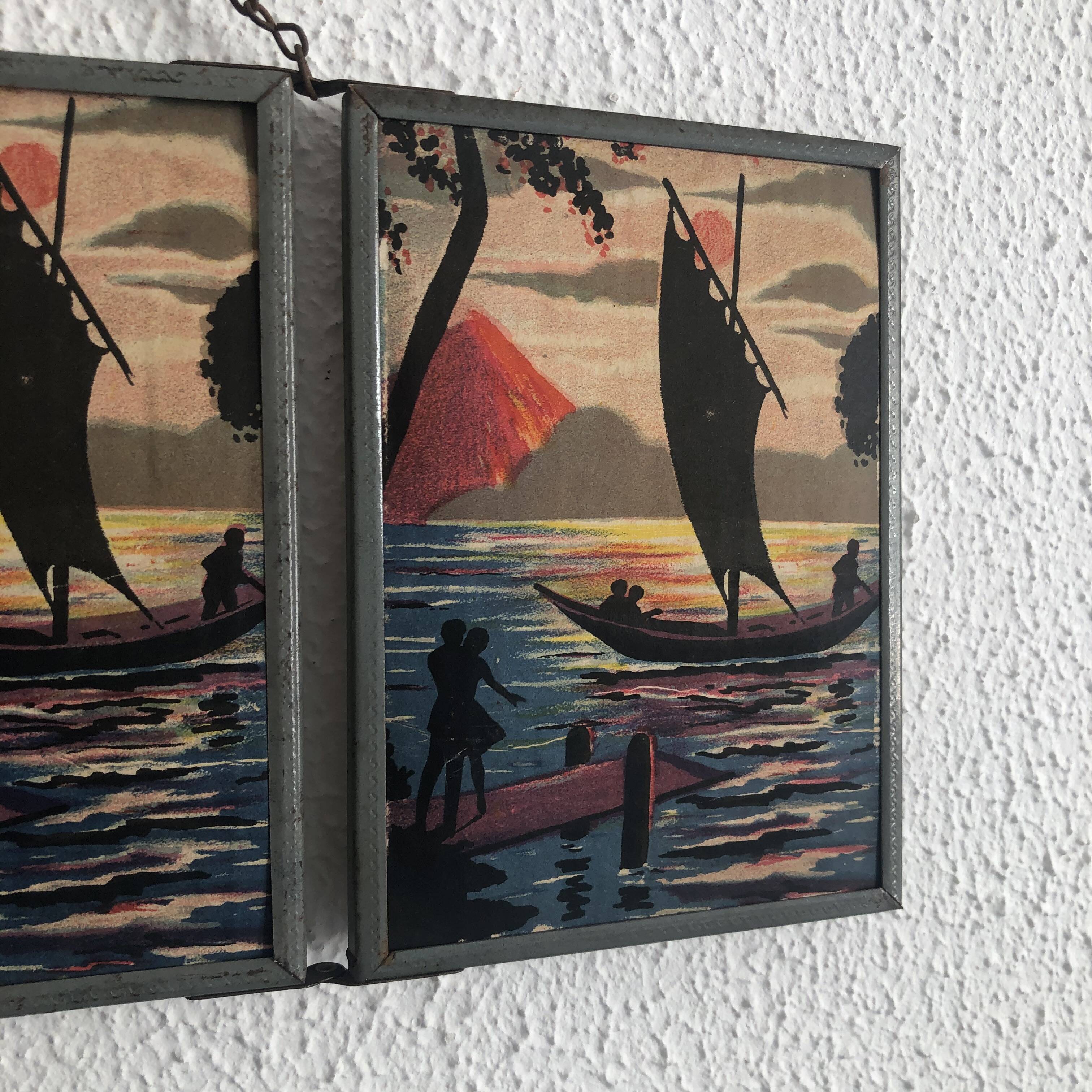 Vintage 1940 triptych mirror barber hairdresser boat sea - 16 x 37 cm