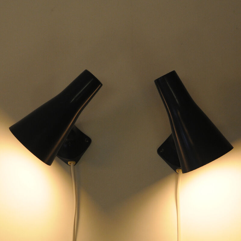 Blue metal cone shaped wall sconces pair by Asea - Sweden 1950s