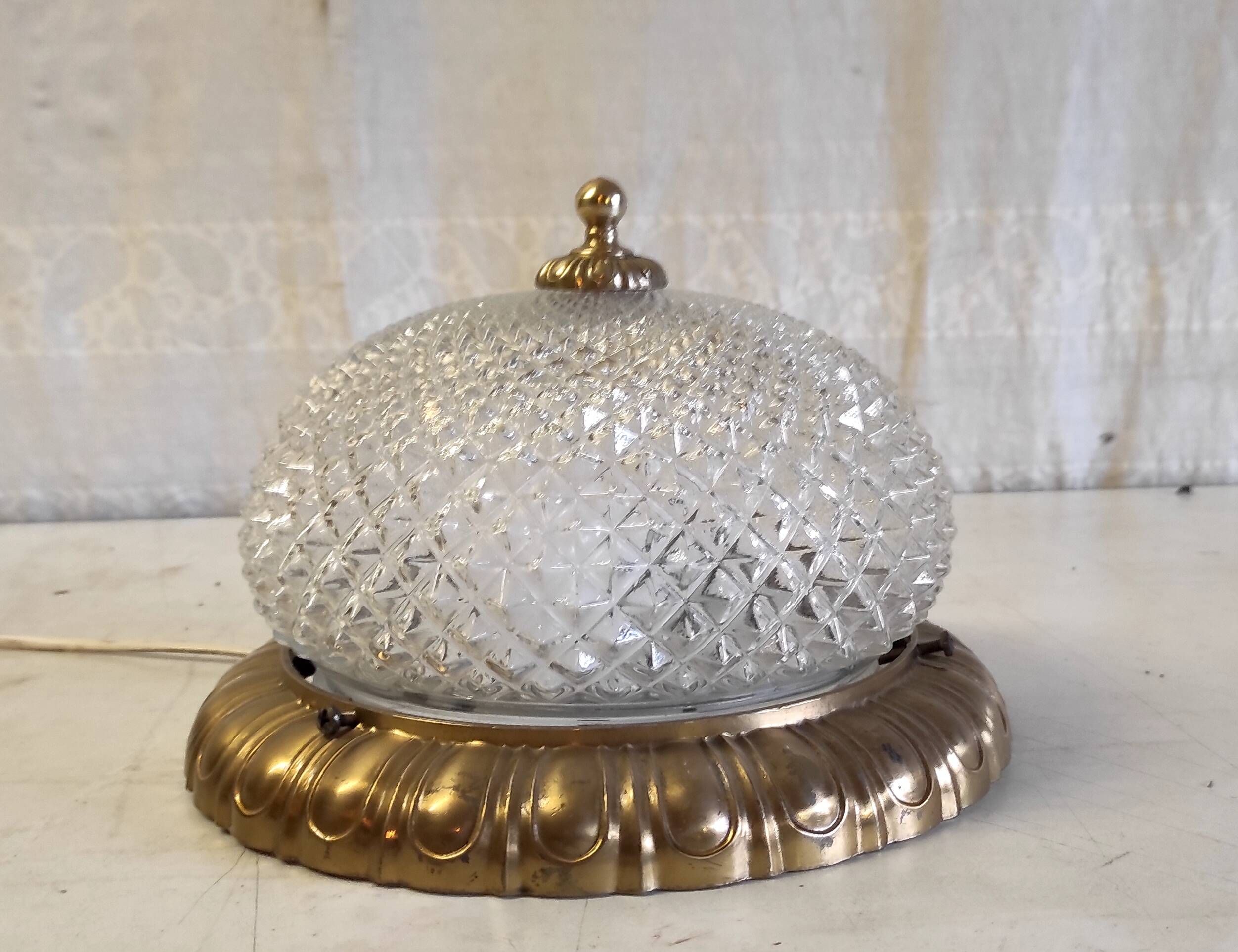 Golden brass ceiling light with diamond-shaped moulded glass - 1980s