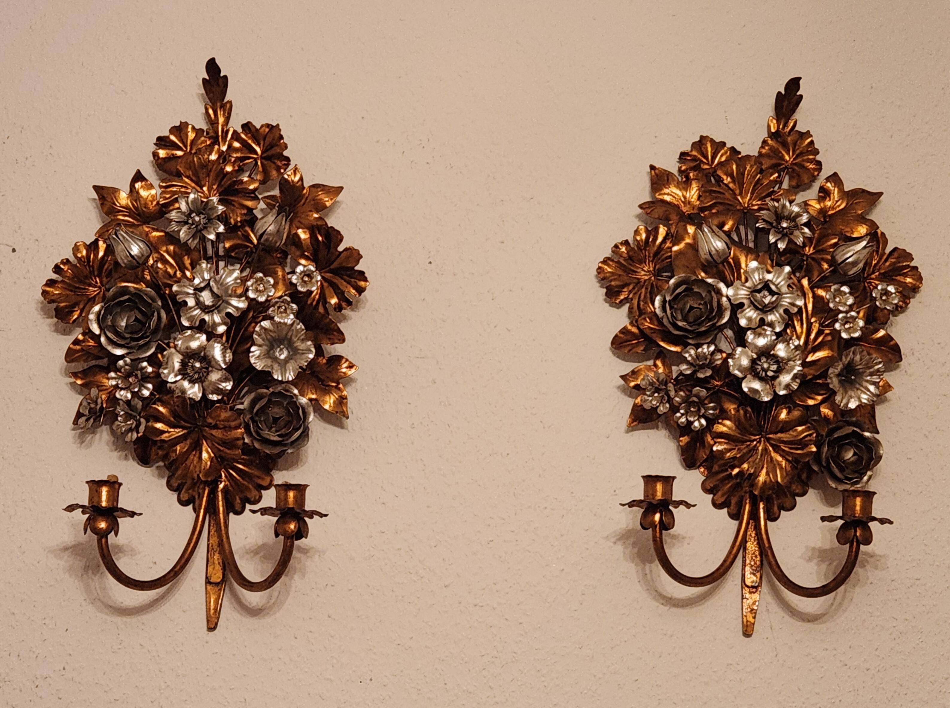 Hand-forged gilded silver-plated candle wall lamps by S. Salvadori