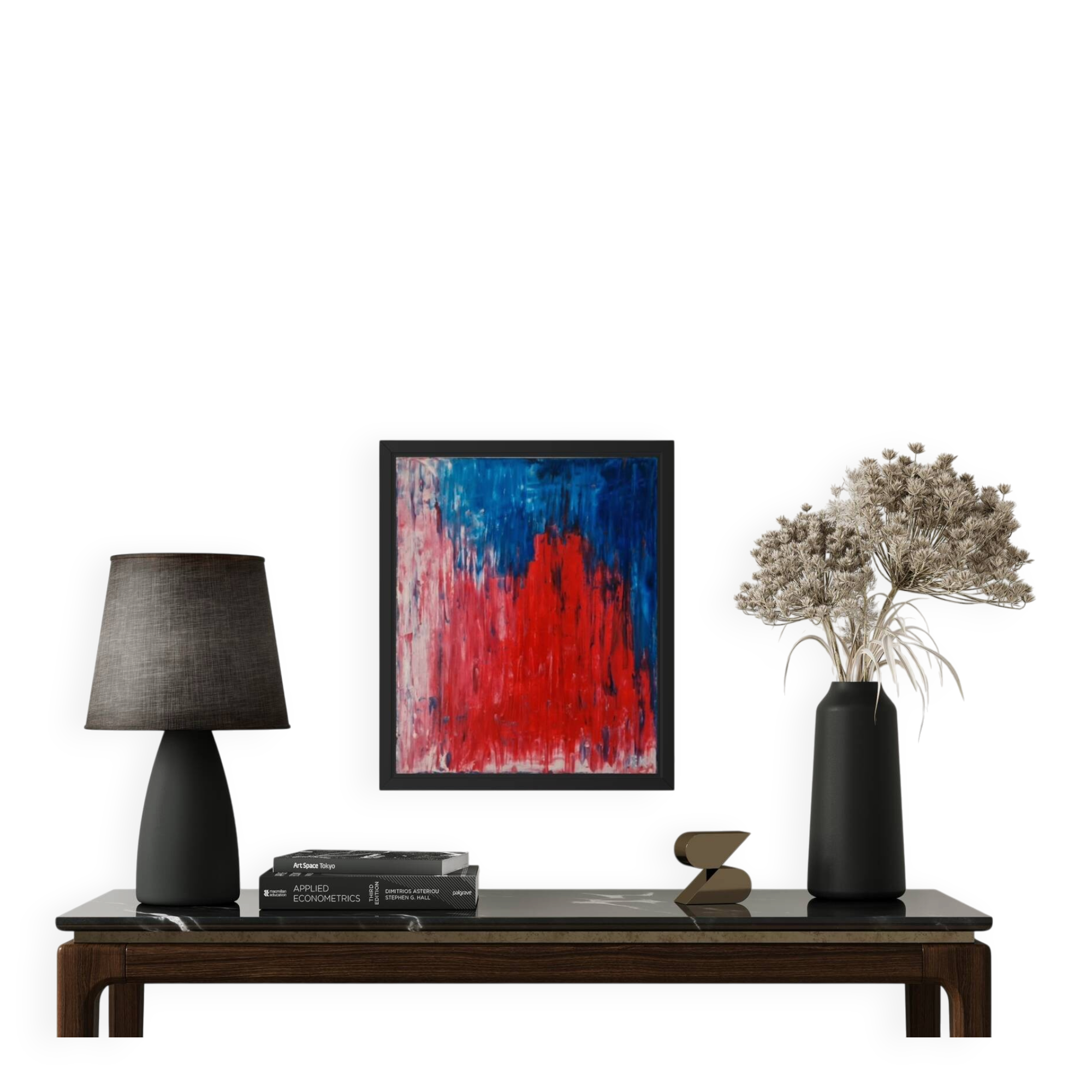 Abstract table red blue pink 46x38 cm painting signed