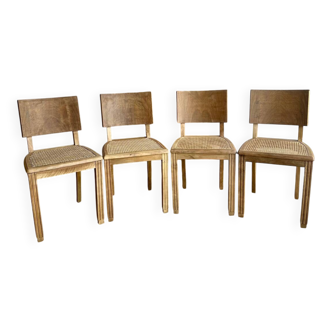 Set of 4 vintage chairs in light wood and cane – refurbished