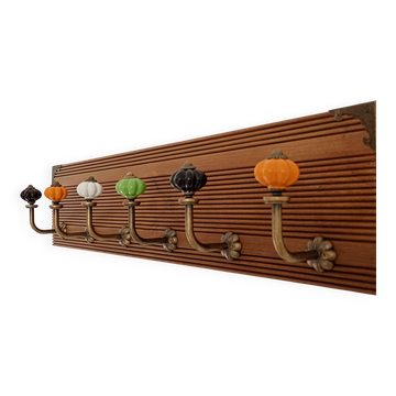 Vintage wall coat rack 60 cm – 6 metal hooks and ceramic knobs