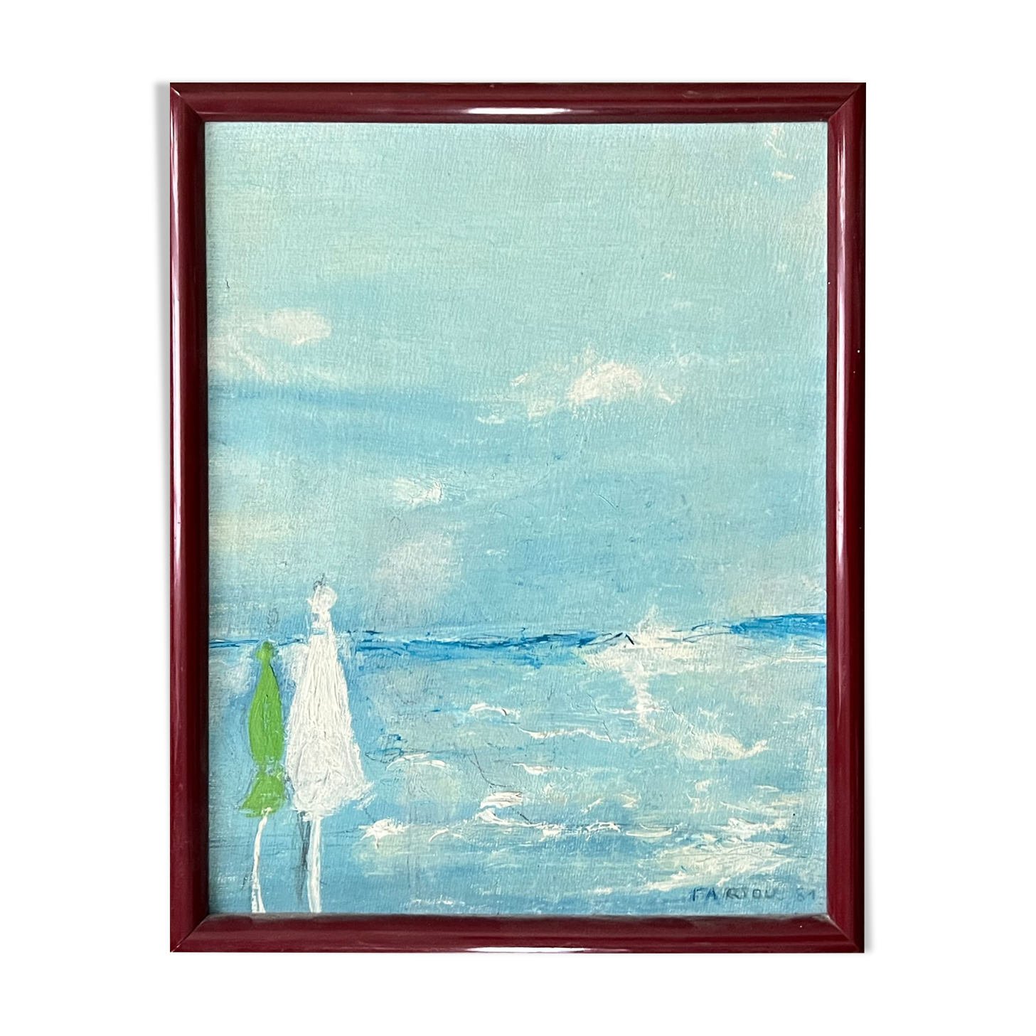 Oil umbrellas on cardboard and framed