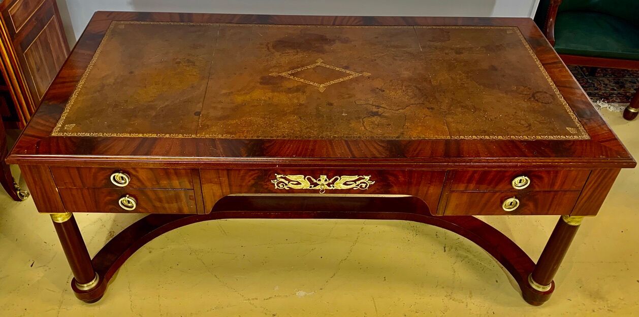 Empire flat desk, mahogany, double-sided, gilded bronzes