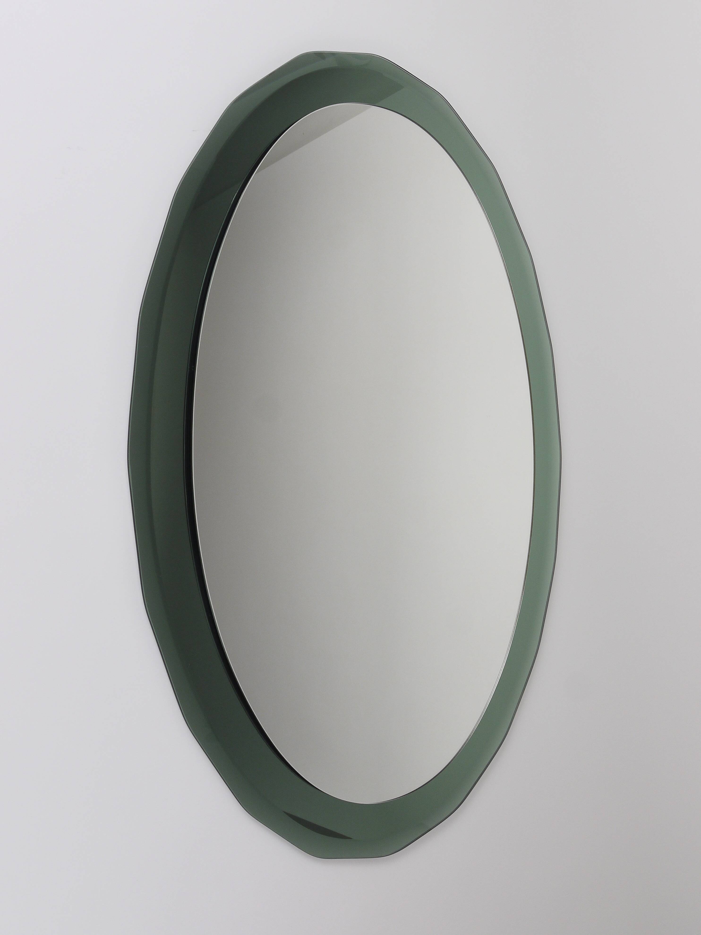 Cristal Arte Oval Green Grey Mid-Century Scalloped Wall Mirror, Italy, 1960