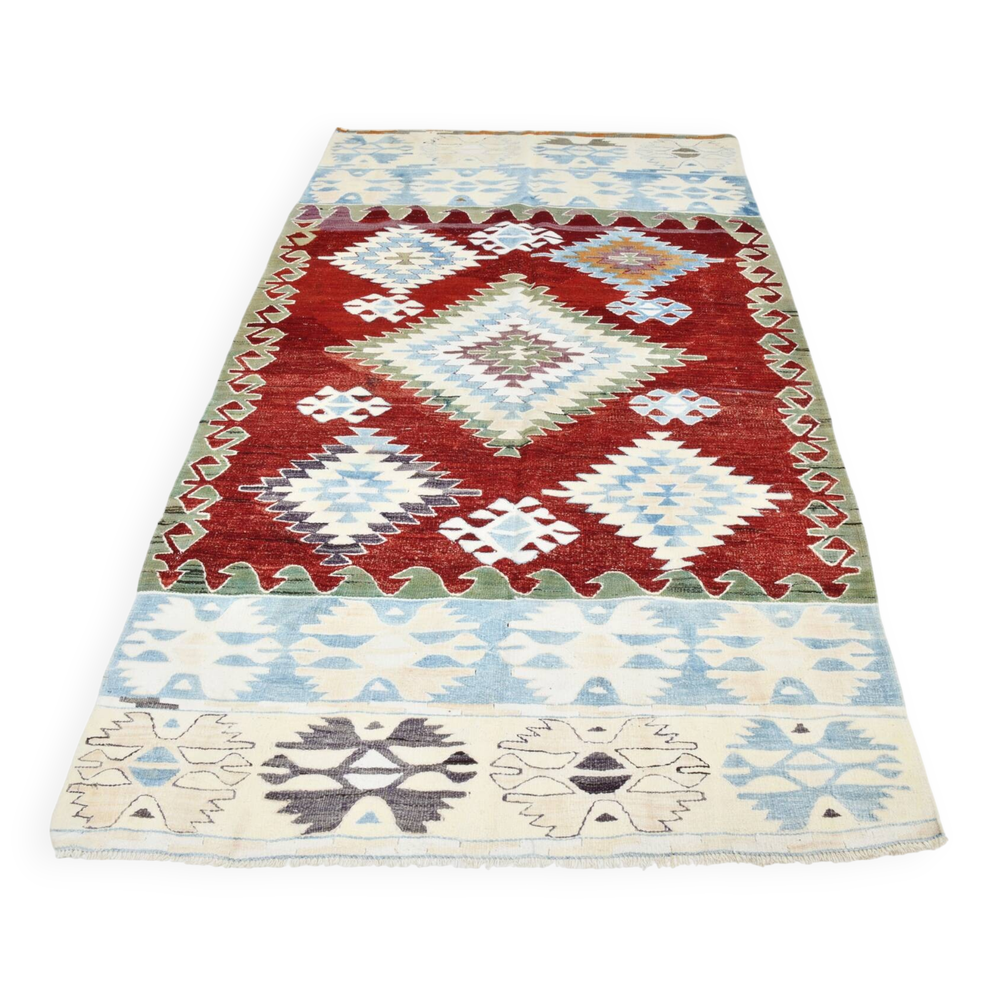 5x8 Geometric Wine Red Blue Vintage Rug, 144x241Cm