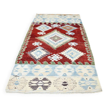 5x8 Geometric Wine Red Blue Vintage Rug, 144x241Cm