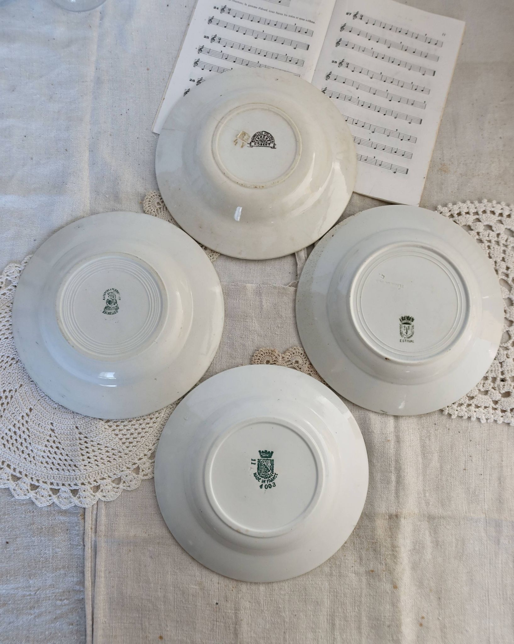 4 mismatched old green ironstone deep plates