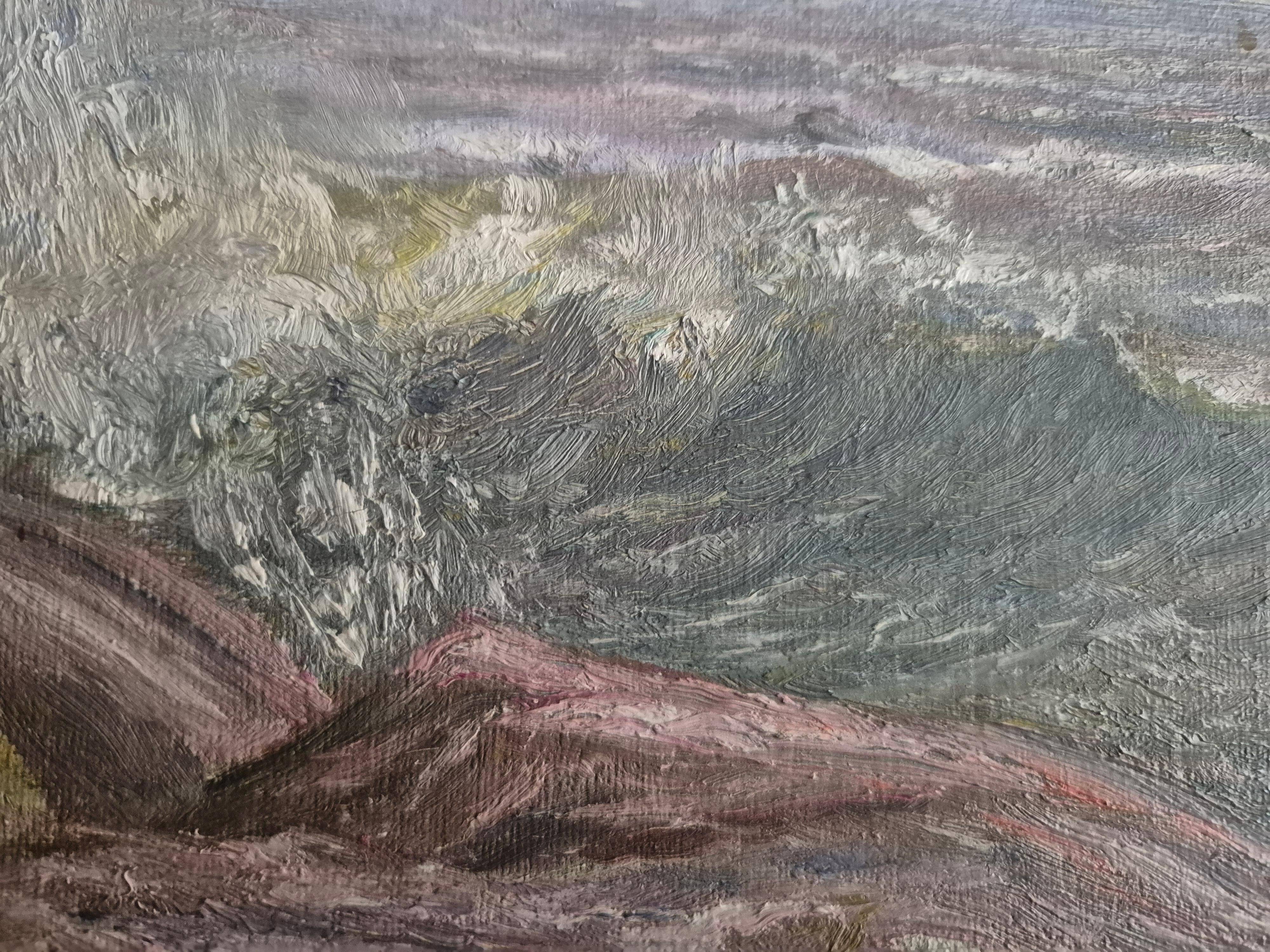 Swedish oil painting, ocean/archipelago motif with pine frame, mid-1900s.
