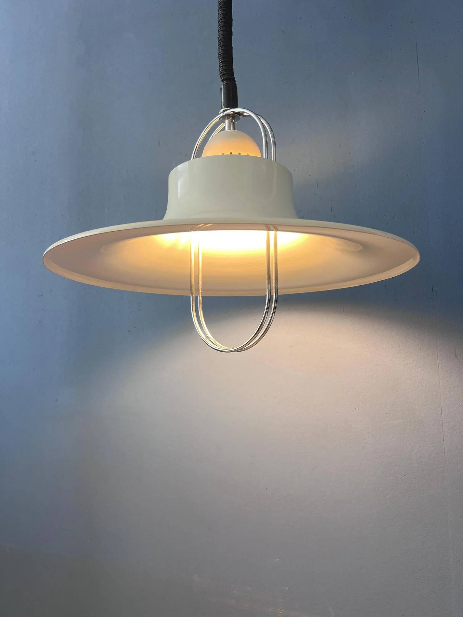Vintage Dijkstra pendant lamp white & chrome - mid century modern light fixture