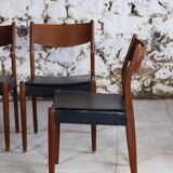 4 Scandinavian Fristho Franeker chairs in teak and faux leather, 1960.