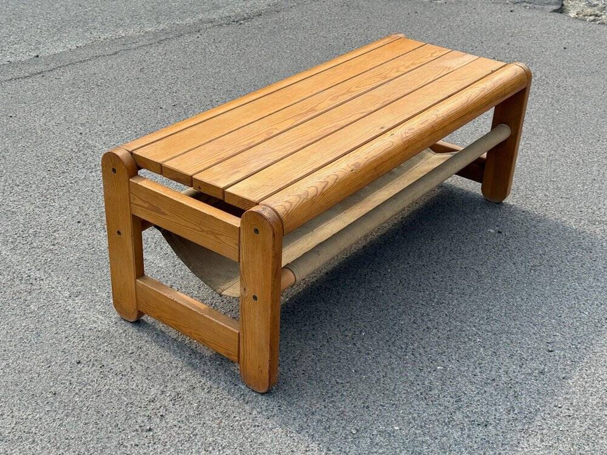 Scandinavian pine bench with canvas storage, 1970s