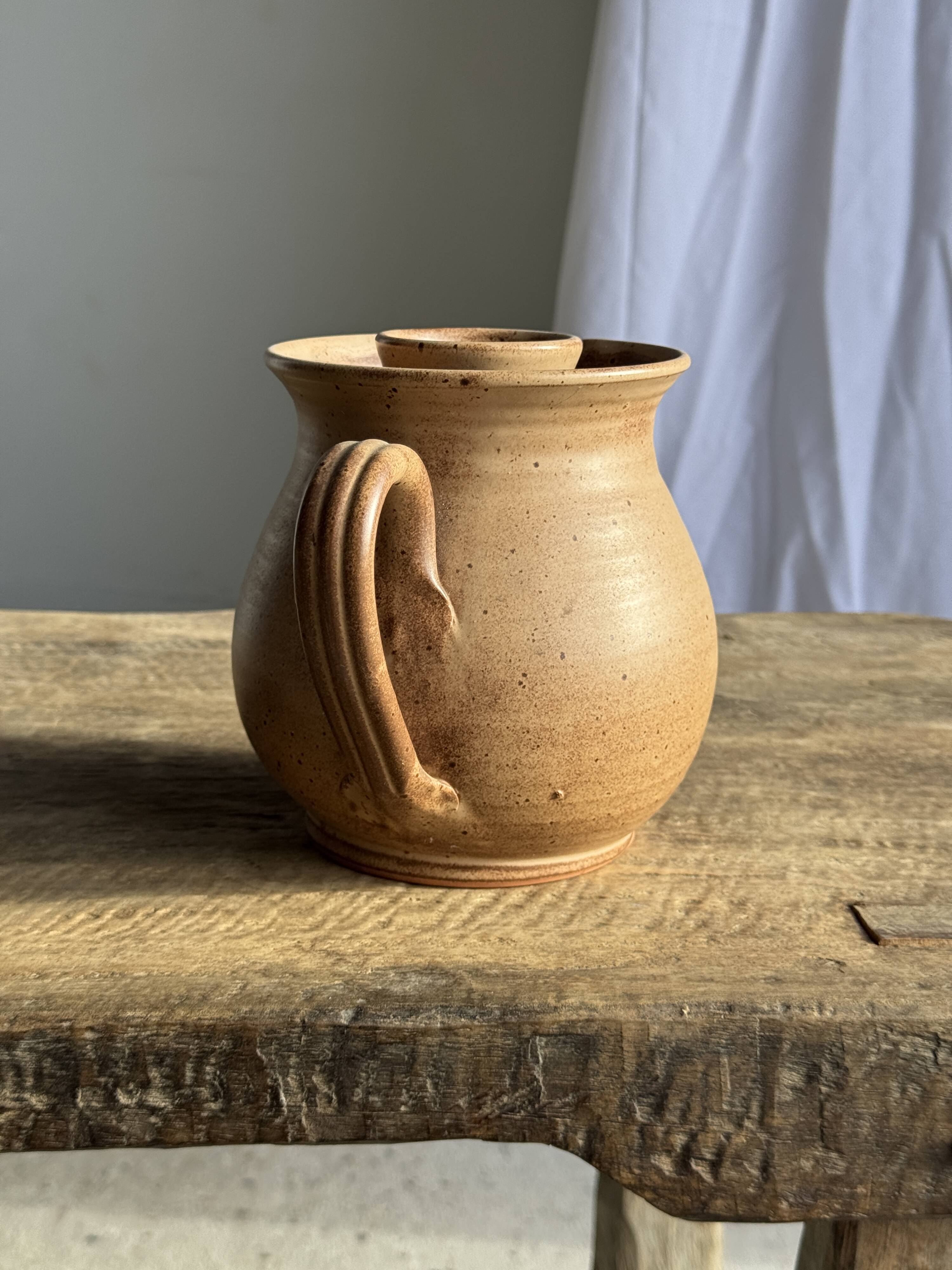 Vintage brutalist stoneware pink wine cooler pitcher H19