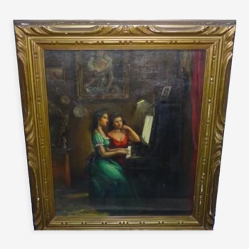 Peinture à l’huile ancienne Portrait de deux femmes jouant du piano Début du XXe siècle