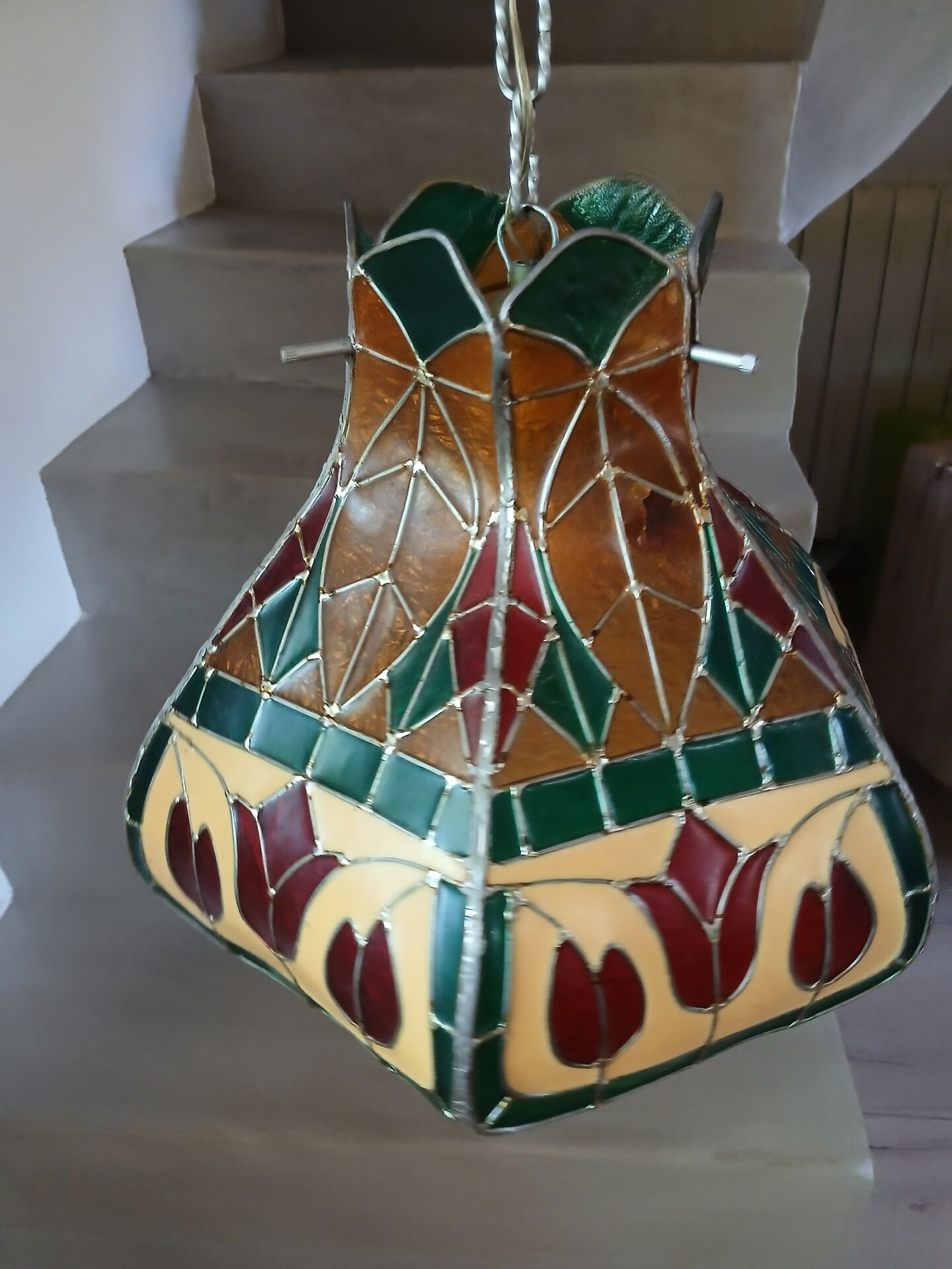 Vintage pendant light with multicoloured stained glass.