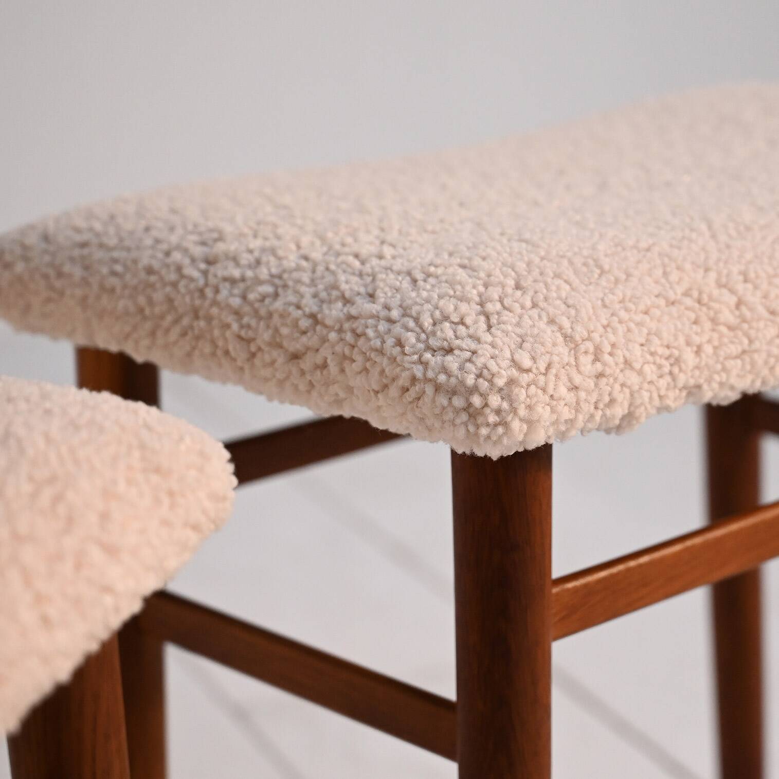 Scandinavian teak stools with sheepskin seat, 1960s