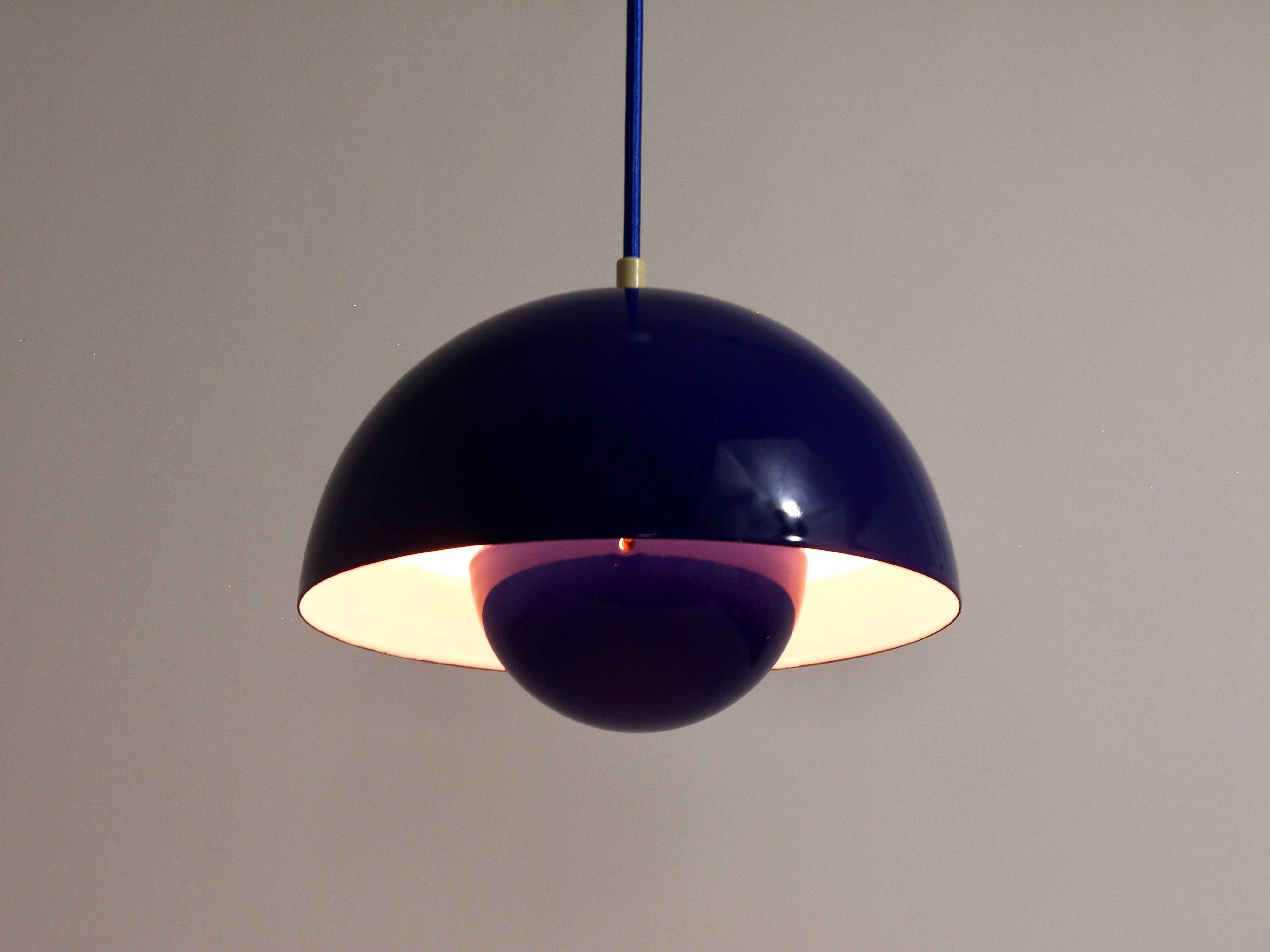 Blue enamelled suspension flowerpot by Verner Panton for Louis Poulsen, Denmark, 1969.