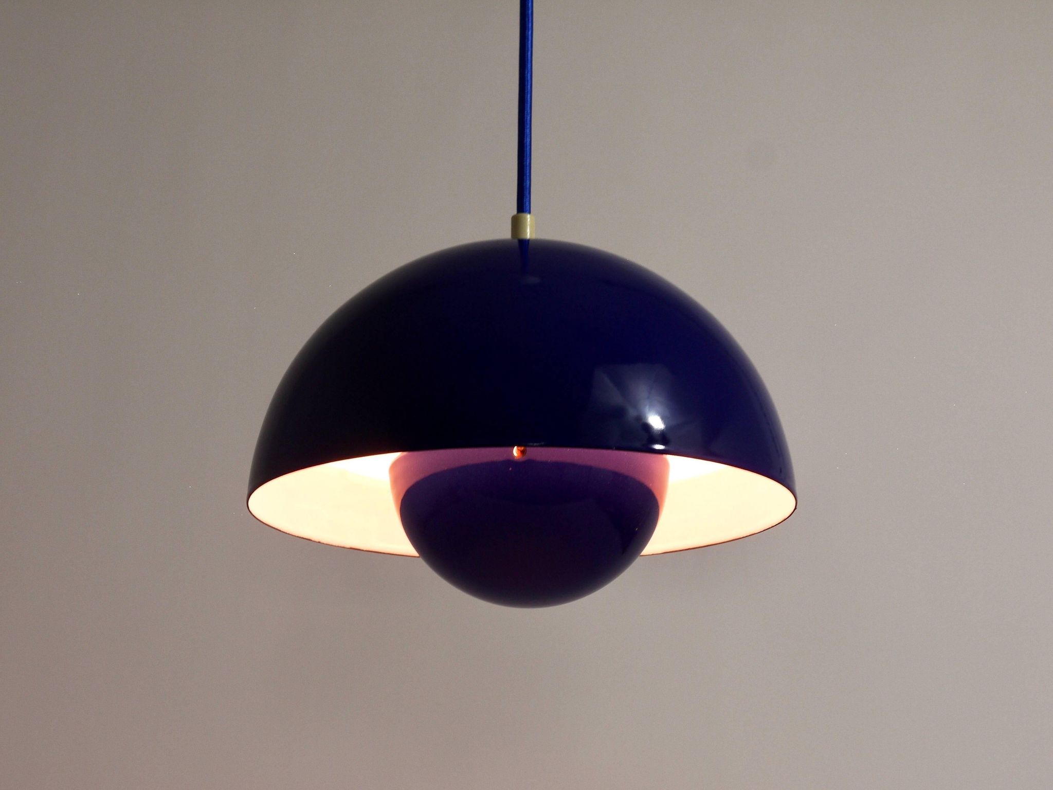 Blue enamelled suspension flowerpot by Verner Panton for Louis Poulsen, Denmark, 1969.
