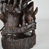 African carved ebony lamp, "Hunters, buffalo and crocodile"