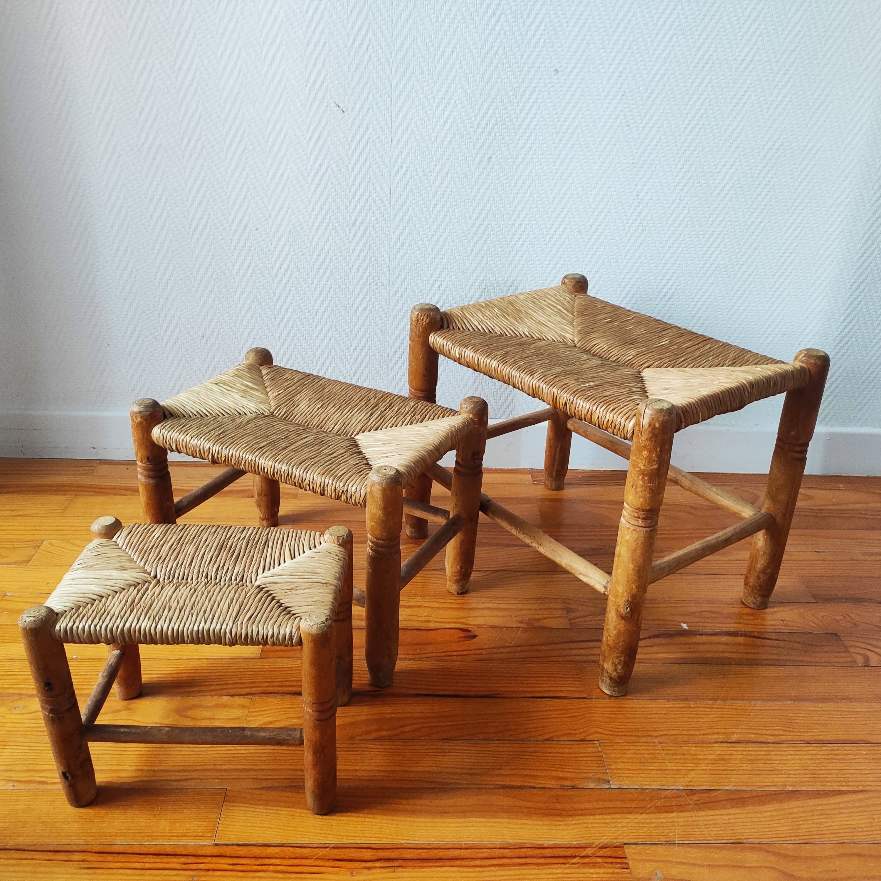 Set of 3 small wooden and straw benches/stools Vintage 60-70s
