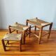 Set of 3 small wooden and straw benches/stools Vintage 60-70s